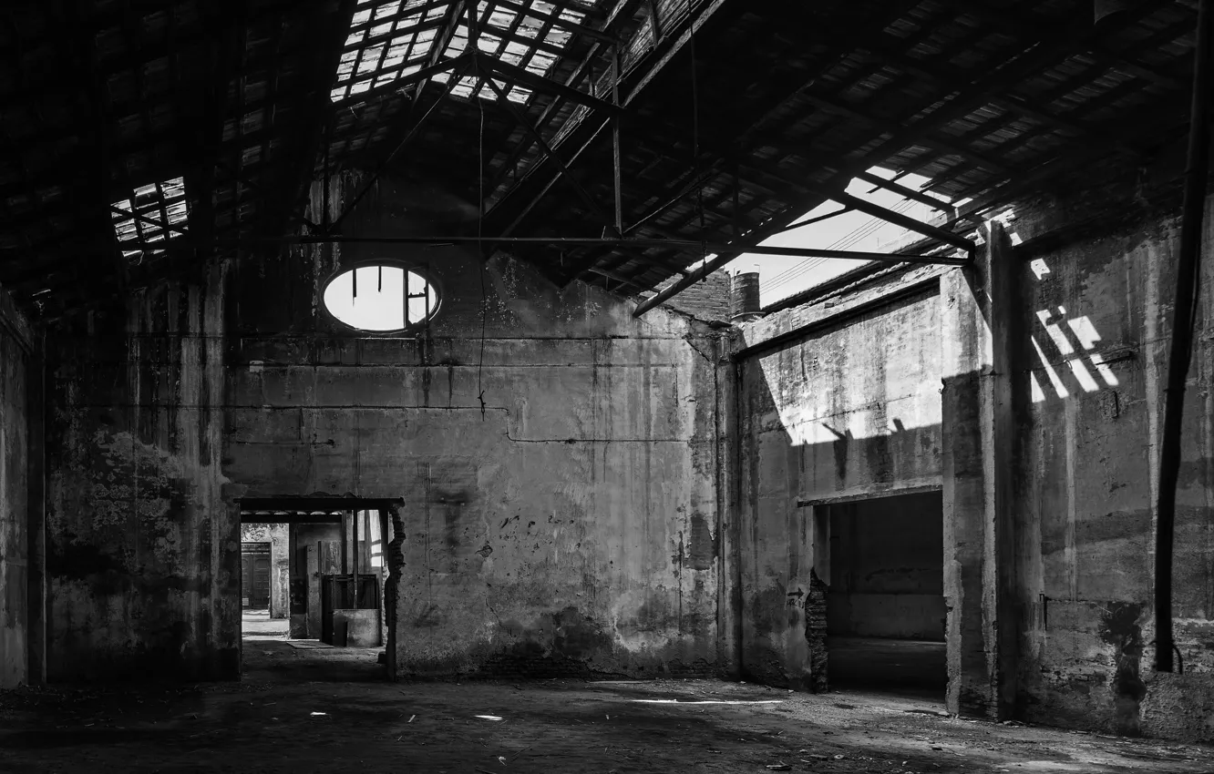 Photo wallpaper interior, black and white, architecture, monochrome, abandoned factory, Frank Gomez Castrillo