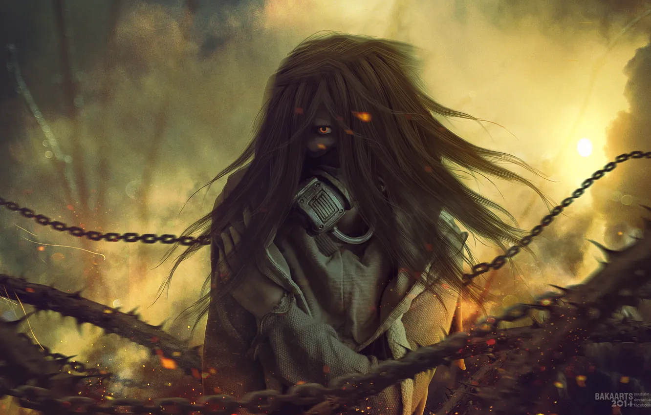 Photo wallpaper look, girl, trees, branches, eyes, gas mask, chain, dark world