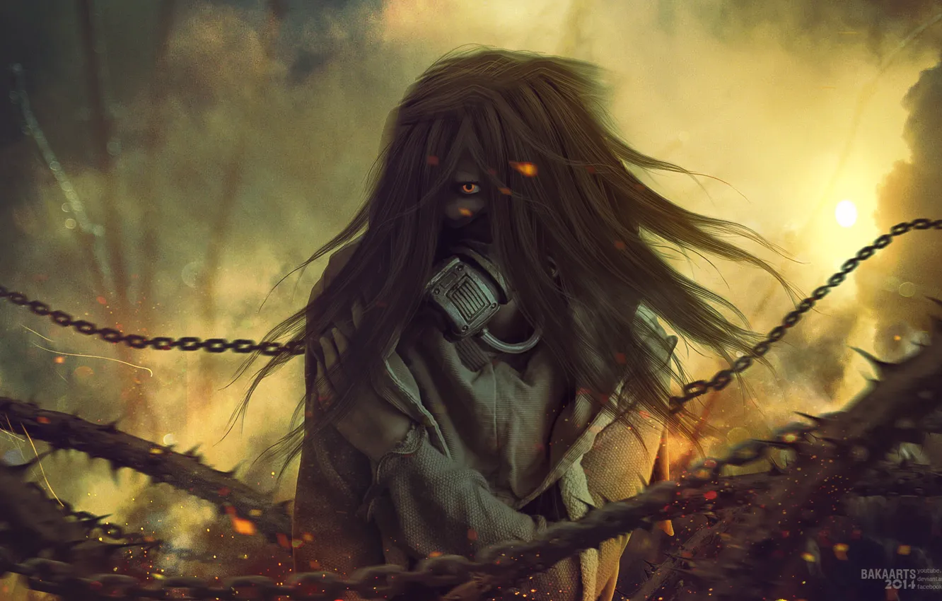 Photo wallpaper eyes, look, girl, trees, branches, chain, gas mask, dark world