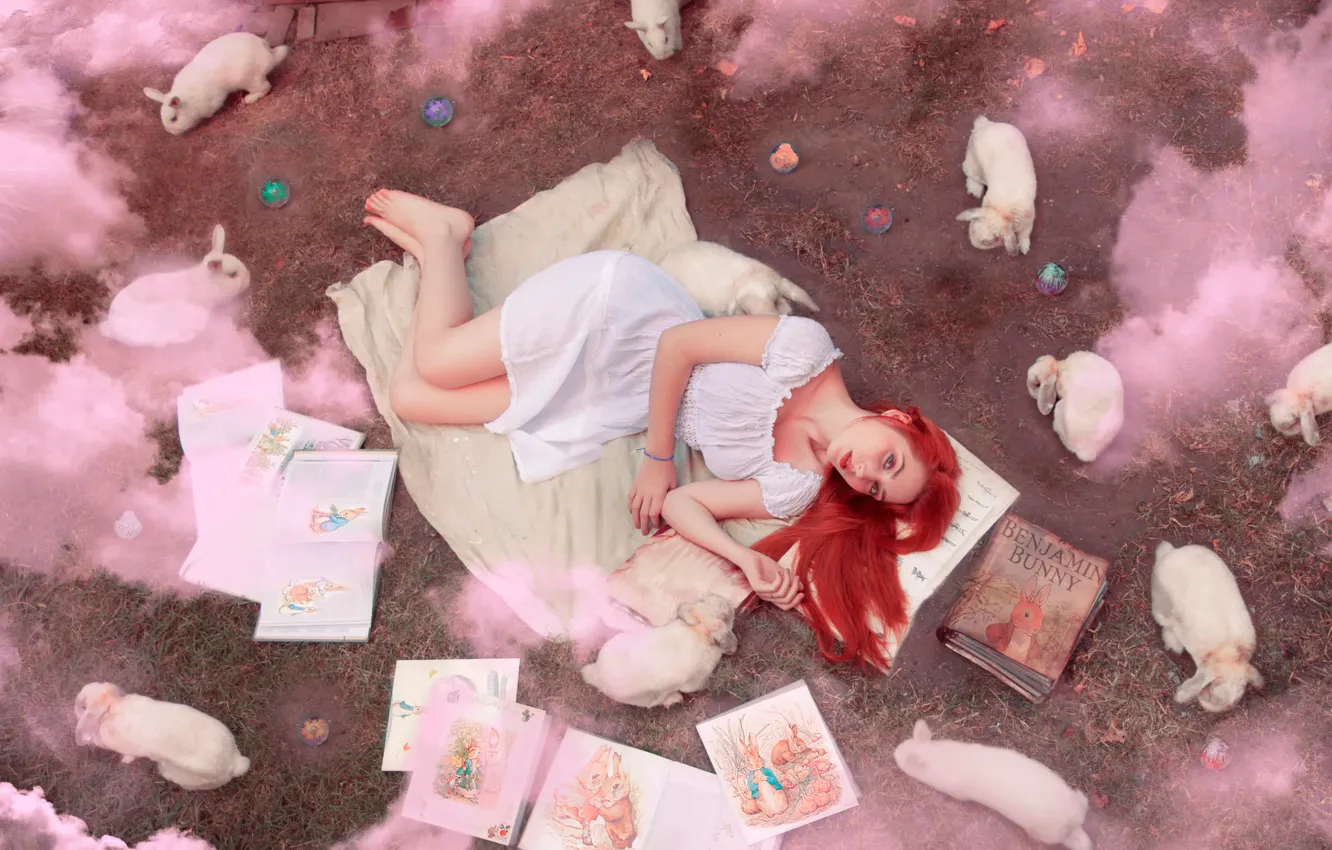 Photo wallpaper girl, smoke, books, rabbits