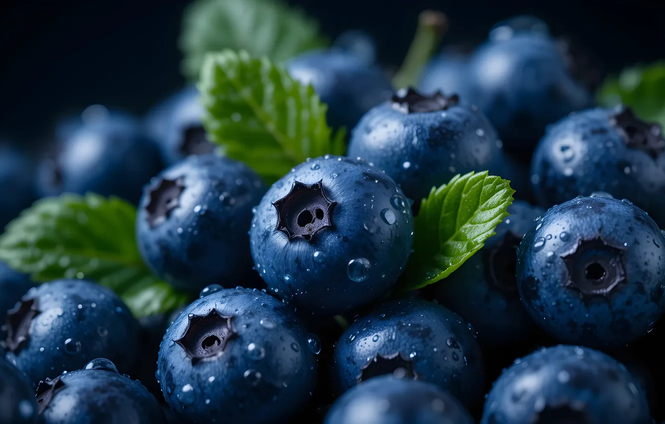 Photo wallpaper leaves, drops, macro, berries, harvest, blueberries, blueberries, AI art