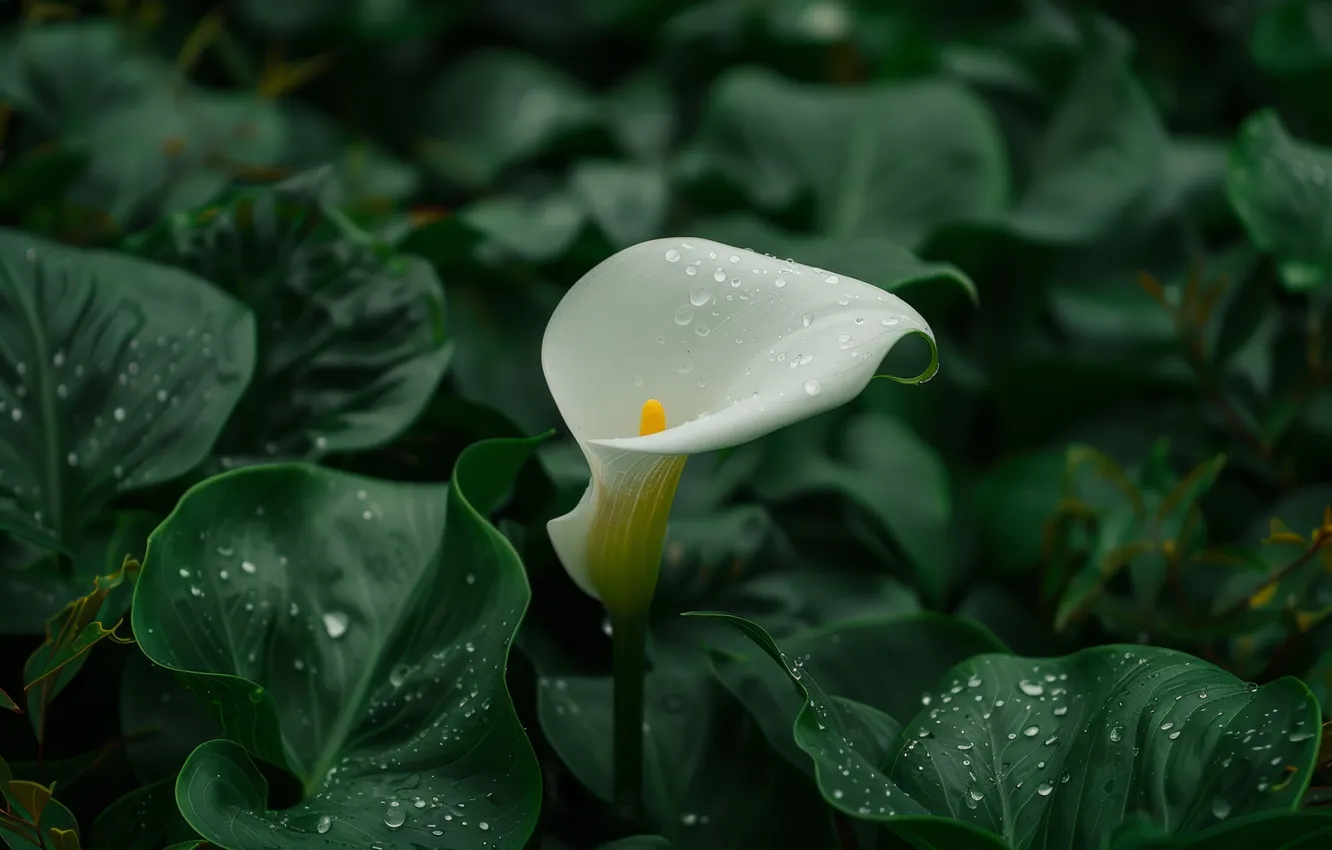 Photo wallpaper greens, white, leaves, drops, flowers, the dark background, Calla lilies, AI art