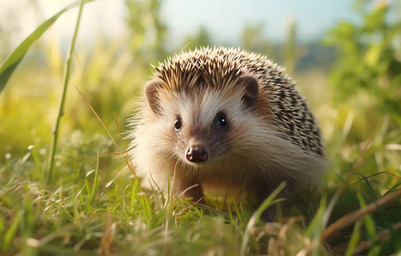 Photo wallpaper grass, look, nature, glade, face, hedgehog, hedgehog, AI art