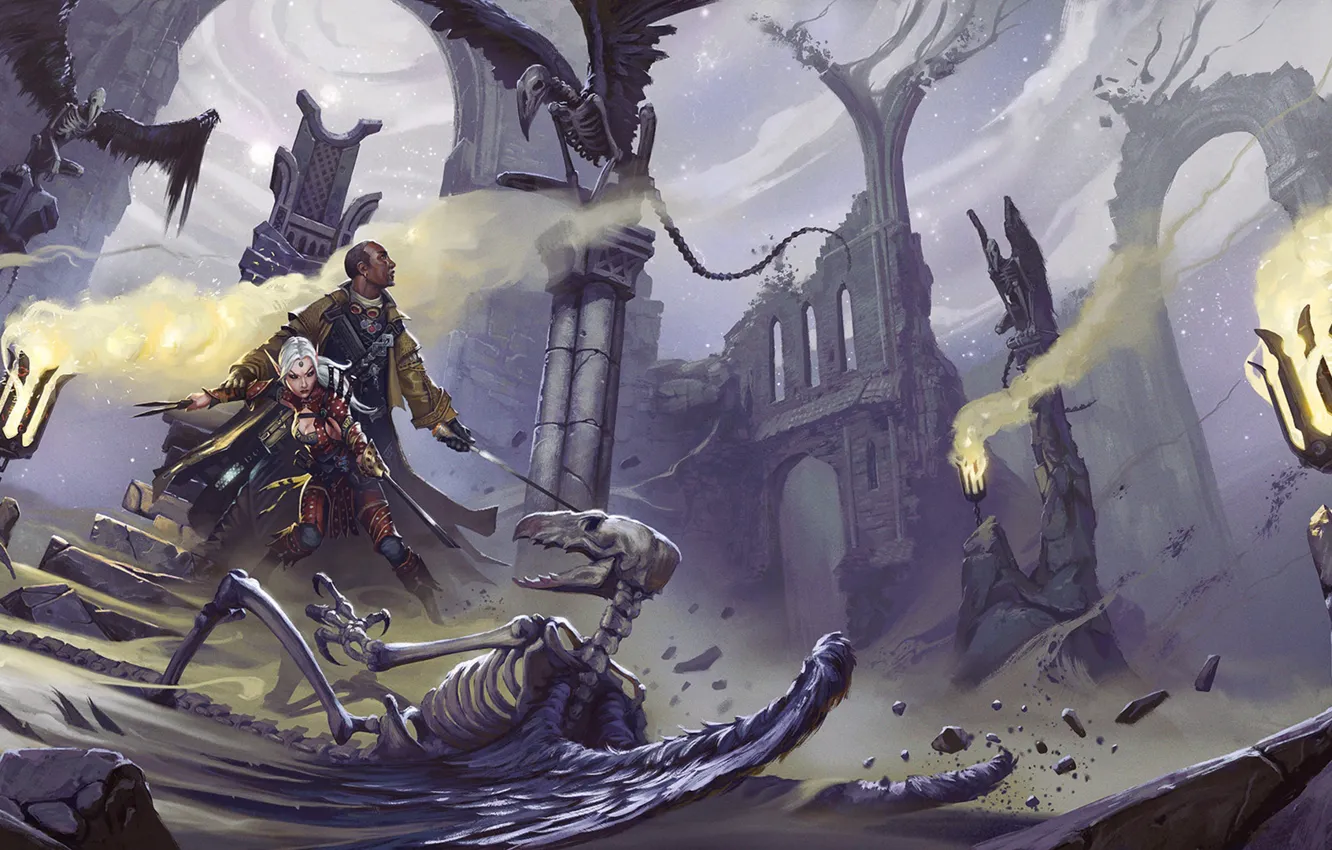 Photo wallpaper skeleton, wings, warrior, battle, temple, darkness, fiction