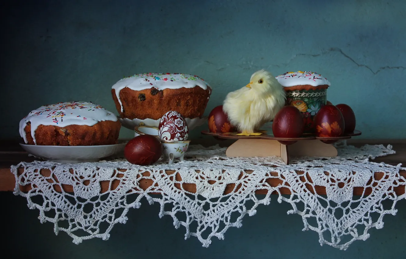 Photo wallpaper eggs, spring, Easter, still life, chicken, cakes