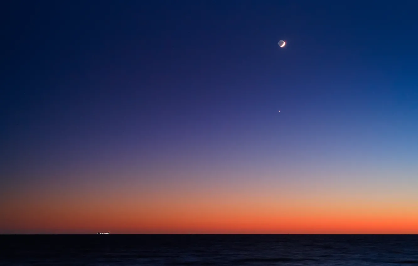 Photo wallpaper sunrise, the ocean, ship, The moon, horizon, Venus, twilight, Regul