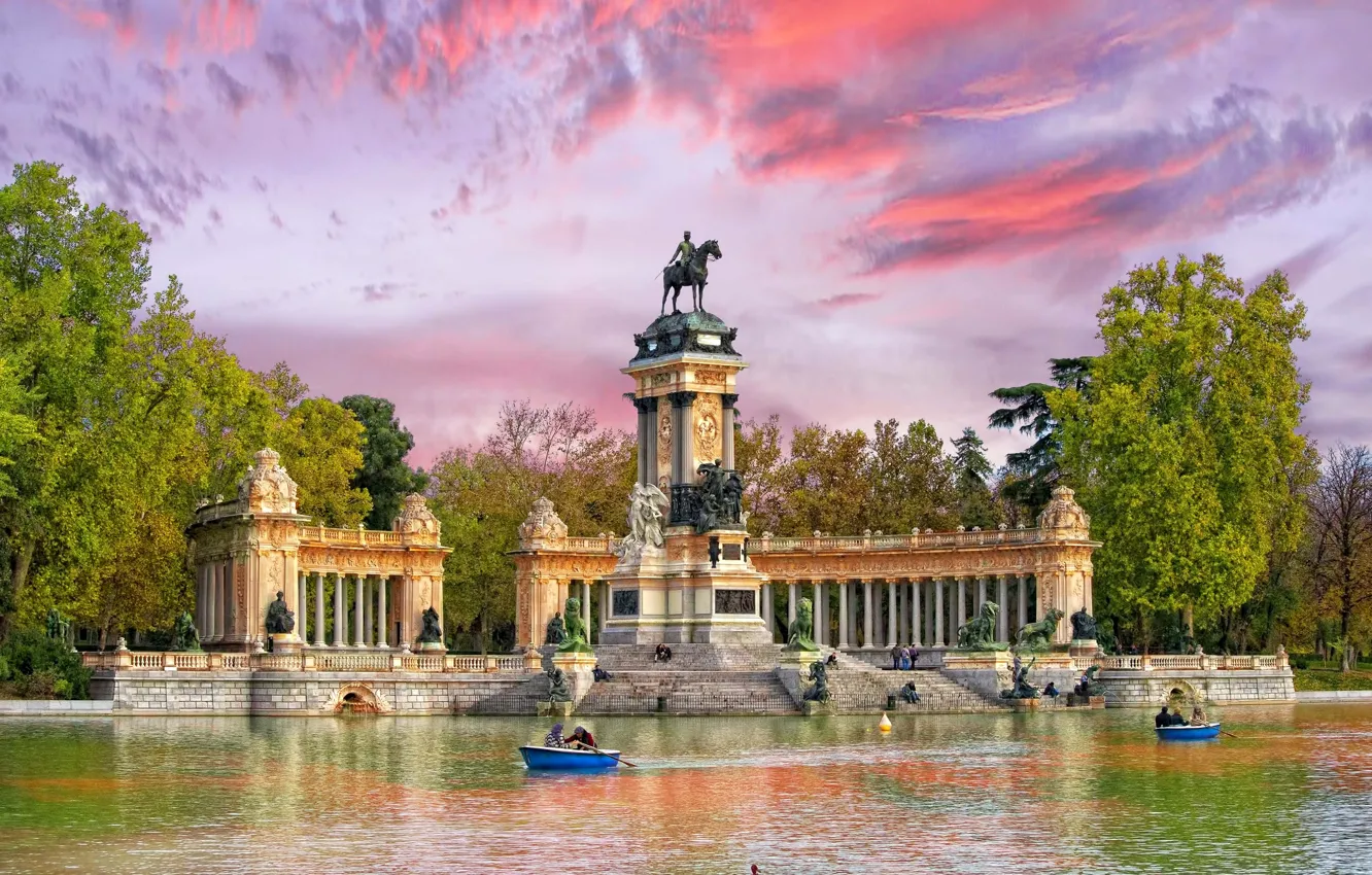 Photo wallpaper water, trees, Park, boat, monument, Spain, Madrid, Retiro