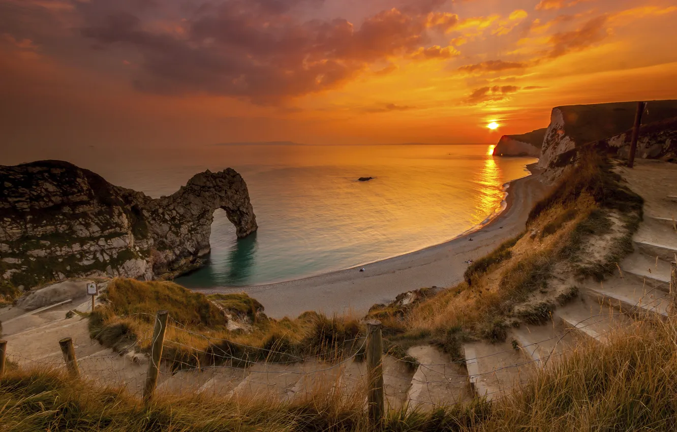 Photo wallpaper sea, sunset, rocks, shore, arch, stage