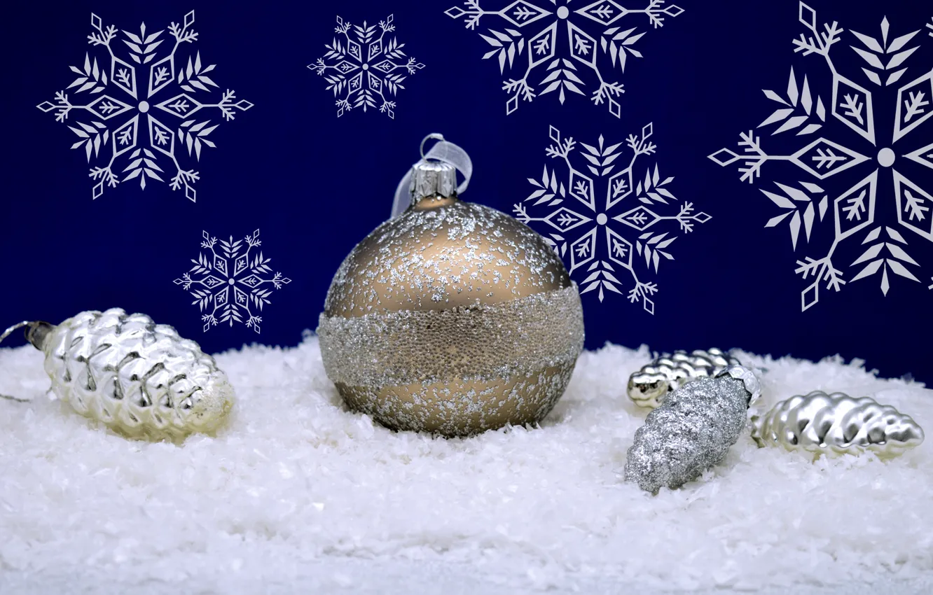 Photo wallpaper snow, snowflakes, holiday, ball, New year, bumps, Christmas decorations, new year decorations