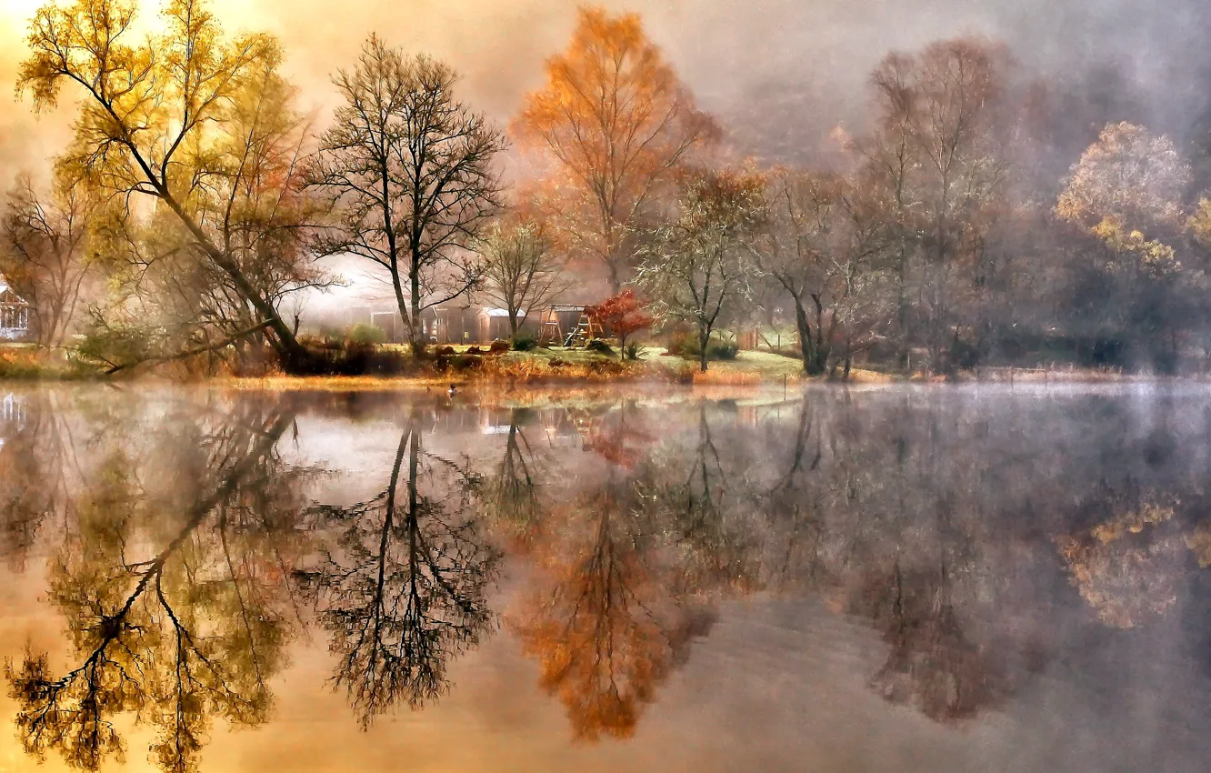 Photo wallpaper autumn, trees, reflection, river, shore, foliage, blur, haze