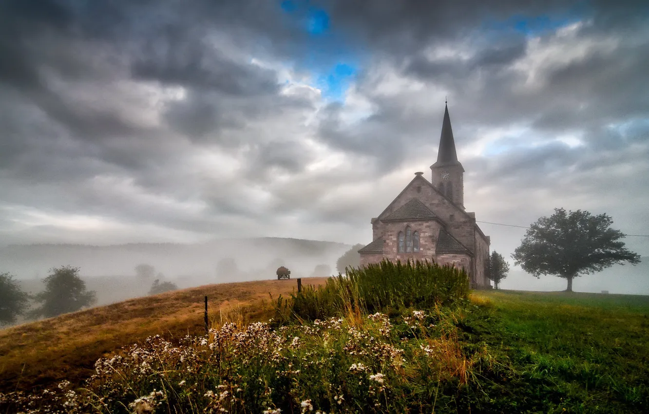 Photo wallpaper field, fog, temple