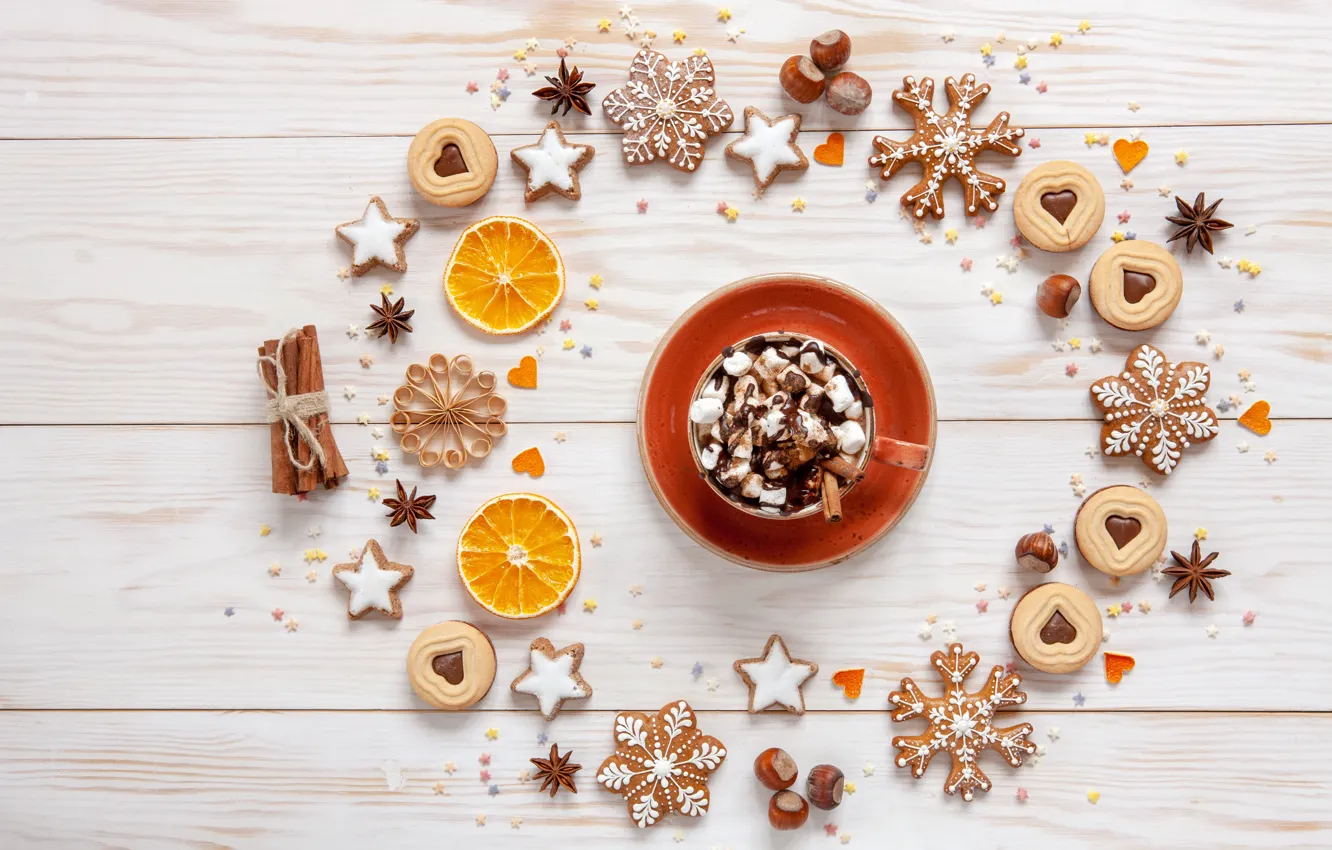 Photo wallpaper pattern, new year, Christmas, Cup, composition, spices, hot chocolate, gingerbread