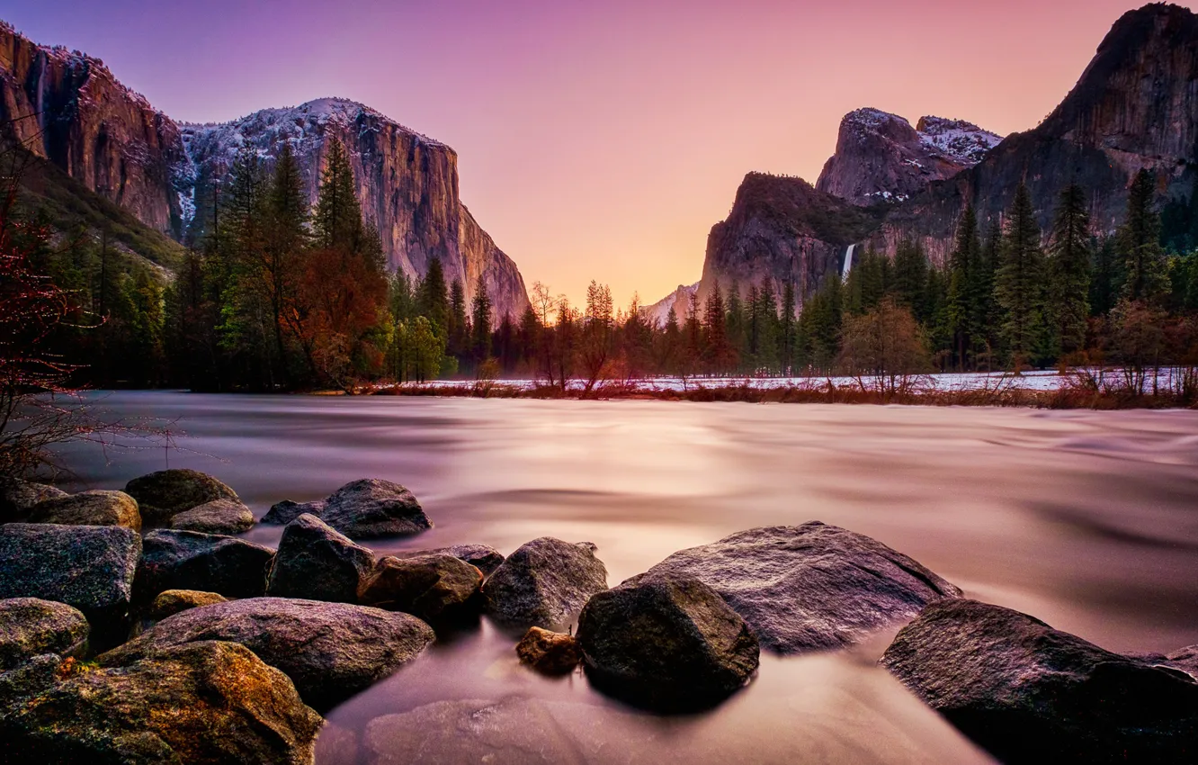 Photo wallpaper trees, landscape, mountains, nature, lake, stones, dawn, morning