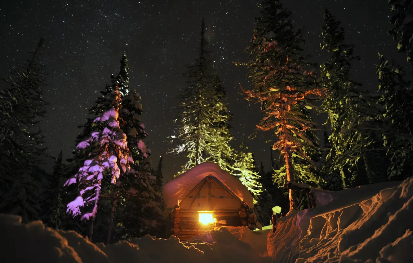 Photo wallpaper snow, night, night, snow, winter forest, Winter Forest, House in the winter forest, A house …