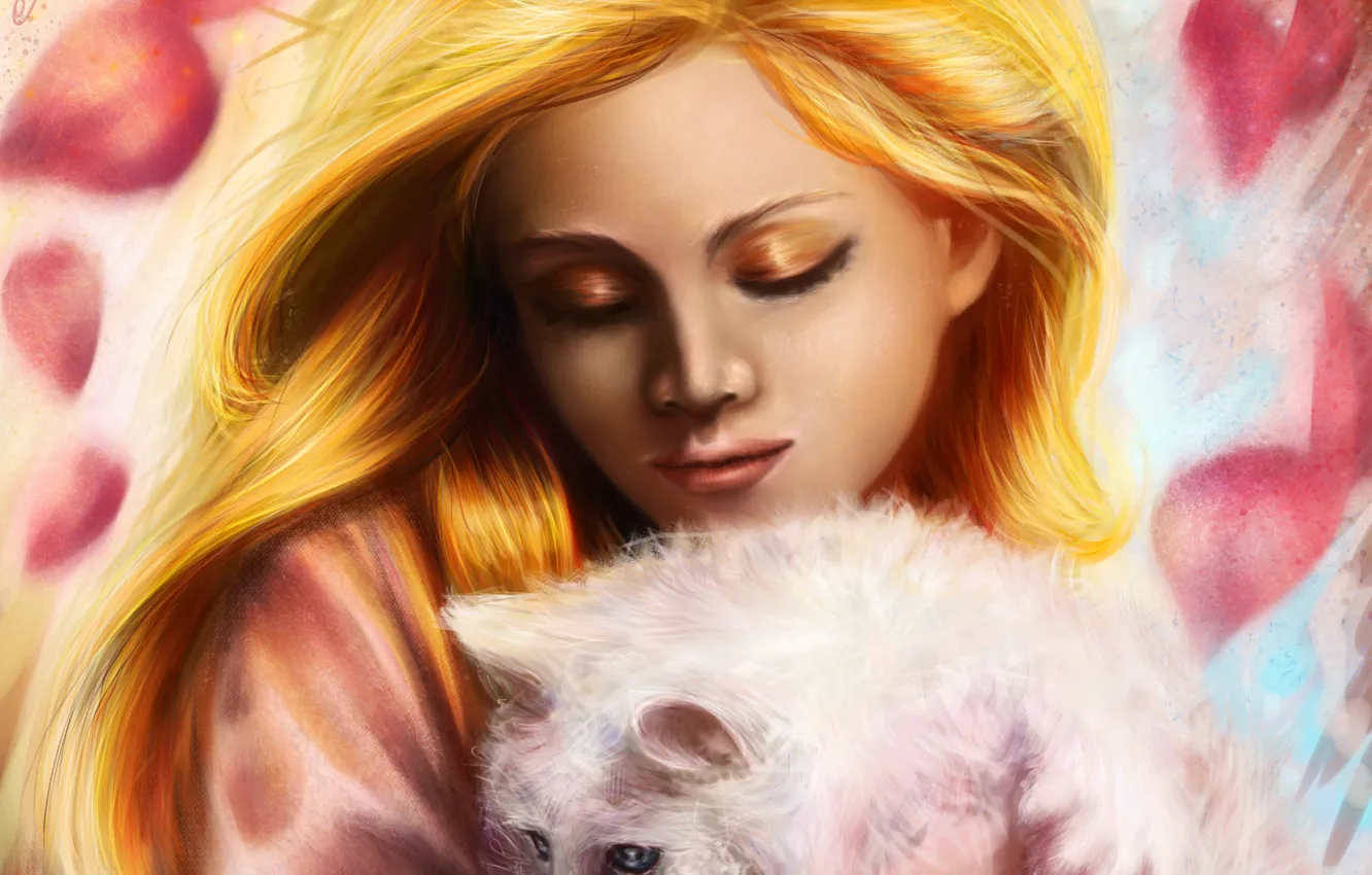 Photo wallpaper cat, white, girl, face, animal, hair, shadow, makeup