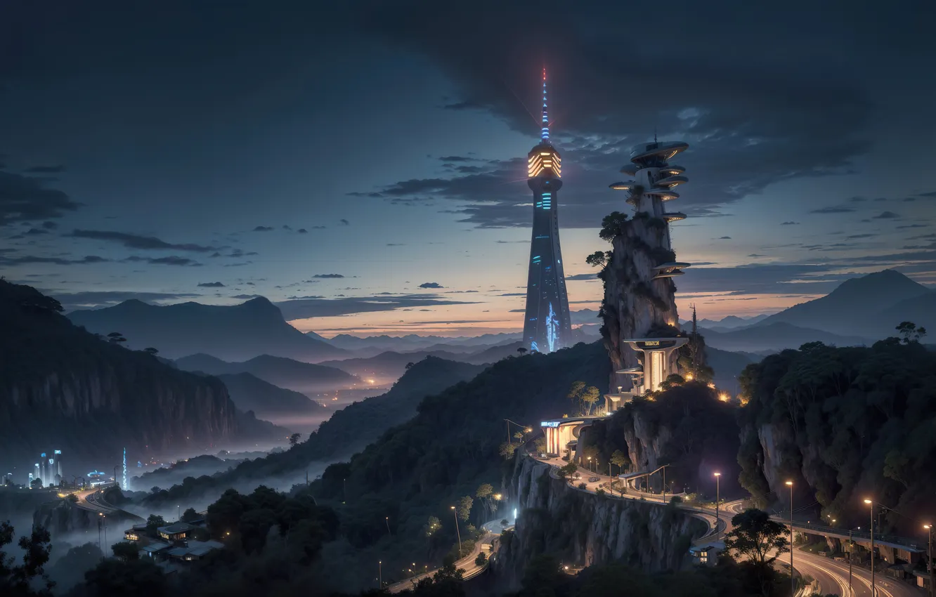 Photo wallpaper forest, twilight, road, tower, landscape, art, fantastic, digital art