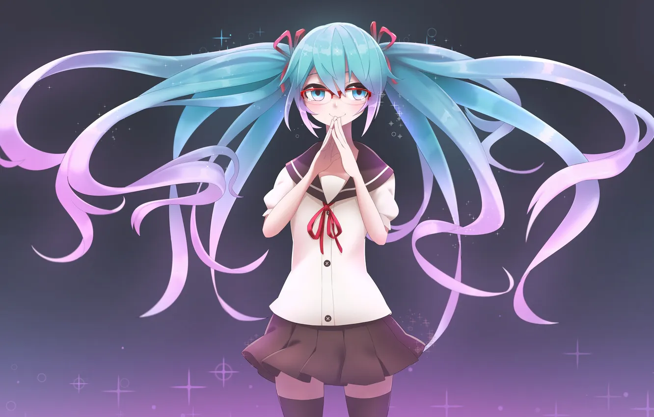 Photo wallpaper girl, smile, glasses, form, vocaloid, hatsune miku, gesture, Vocaloid