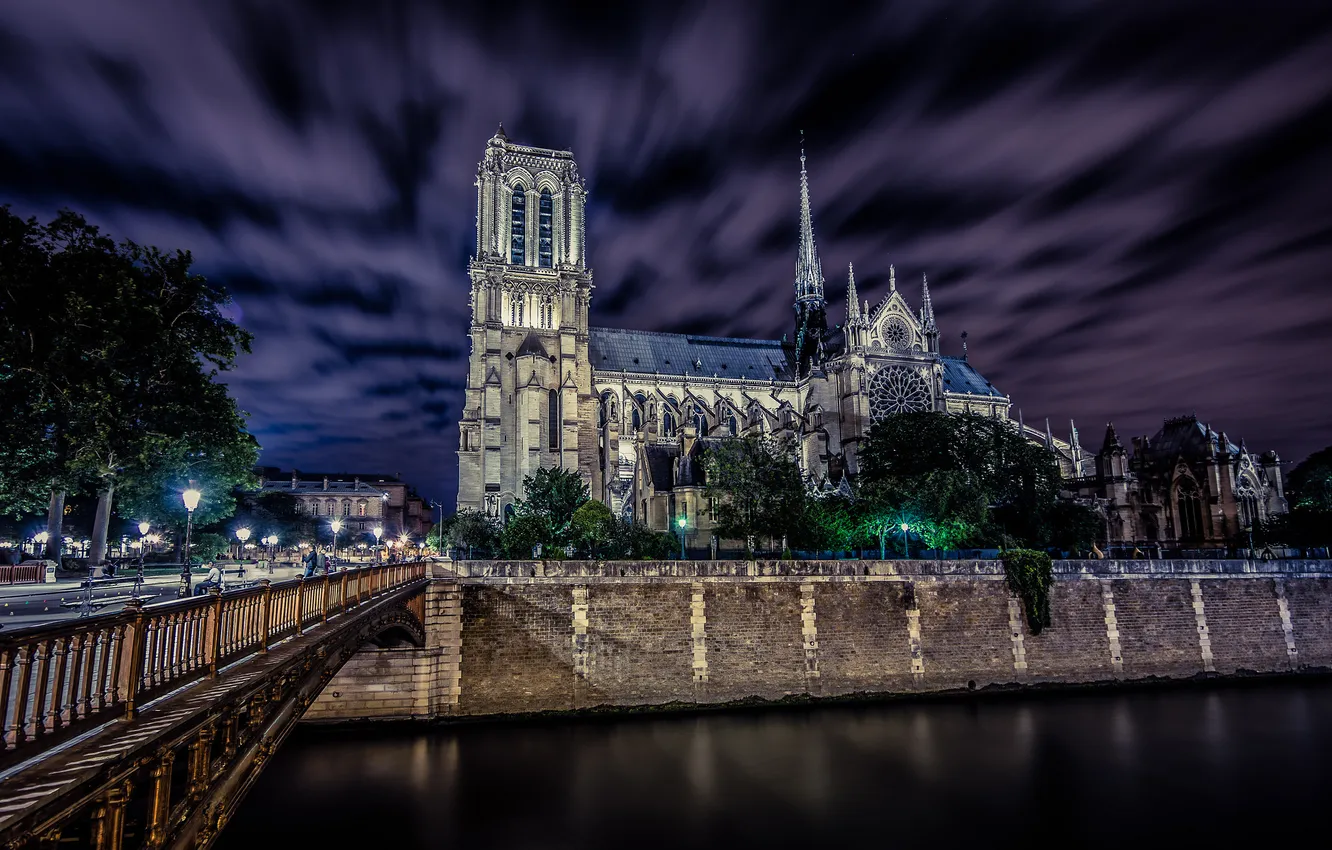 Photo wallpaper road, the sky, bench, night, bridge, the city, river, France