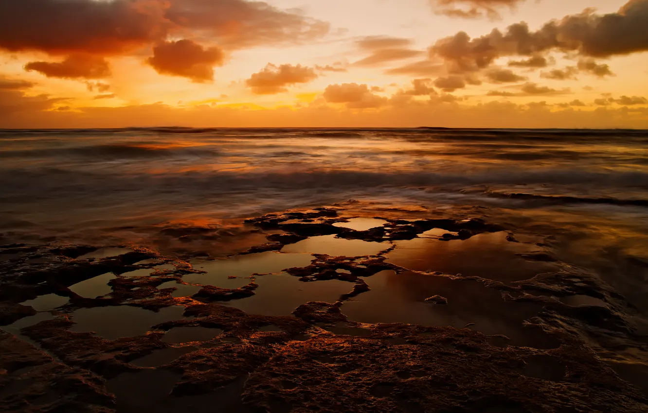 Photo wallpaper sea, the sky, clouds, sunset, gold
