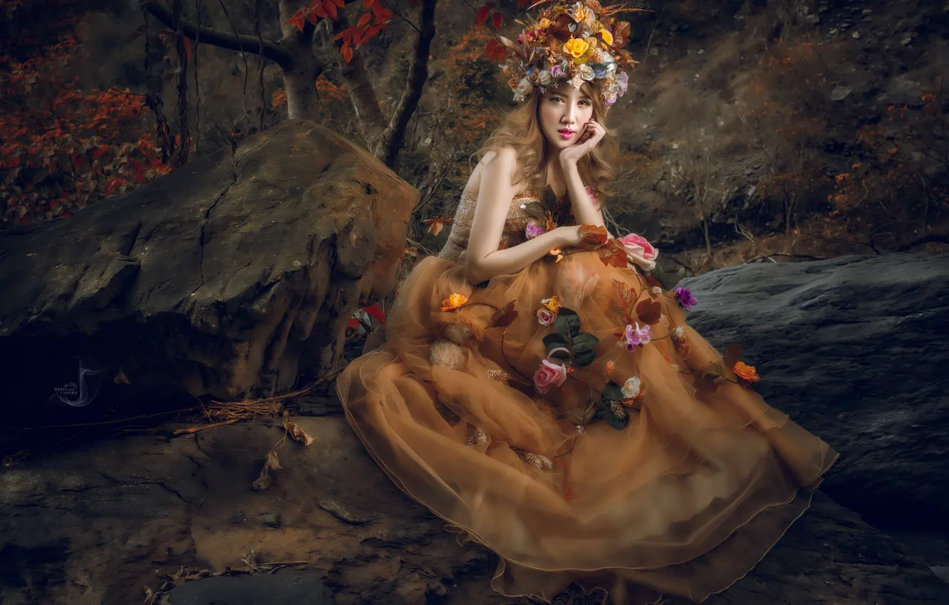 Photo wallpaper girl, flowers, river