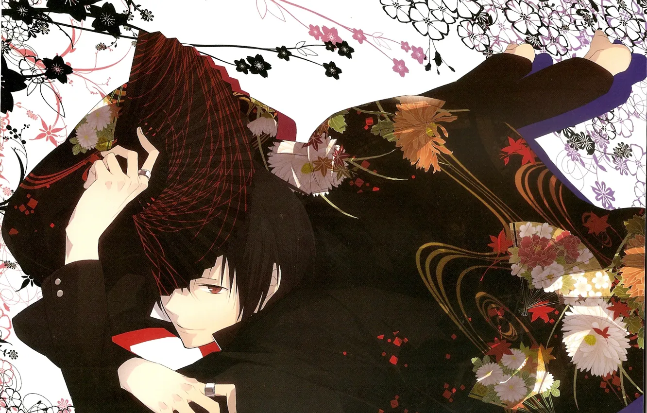 Photo wallpaper look, flowers, smile, fan, guy, durarara!, Durarara!, Izaya Orihara