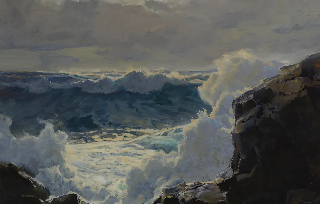 Photo wallpaper sea, wave, foam, squirt, clouds, rocks, Frederick Judd Waugh