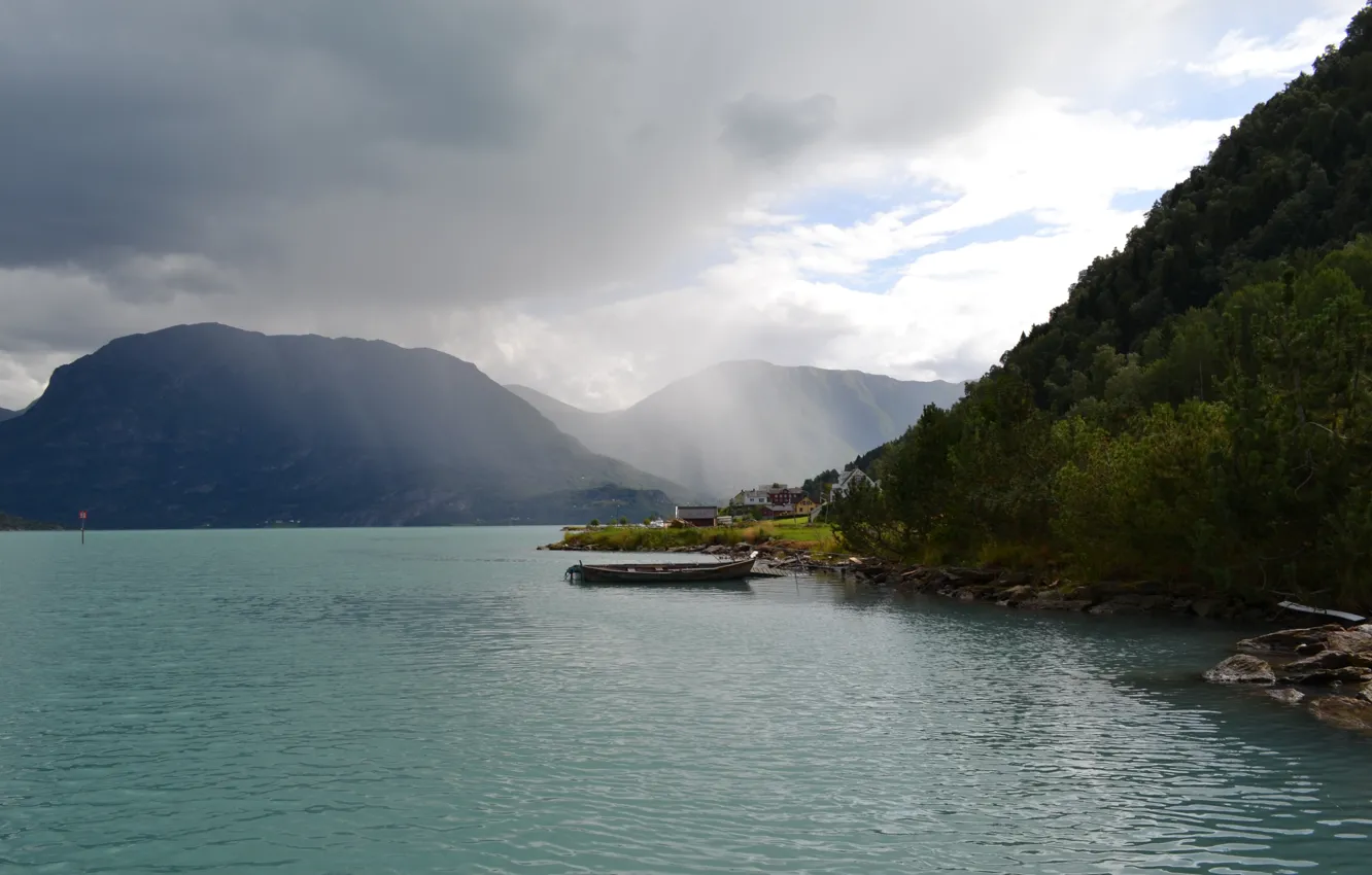 Photo wallpaper mountains, rain, boat, Norway, village, the fjord