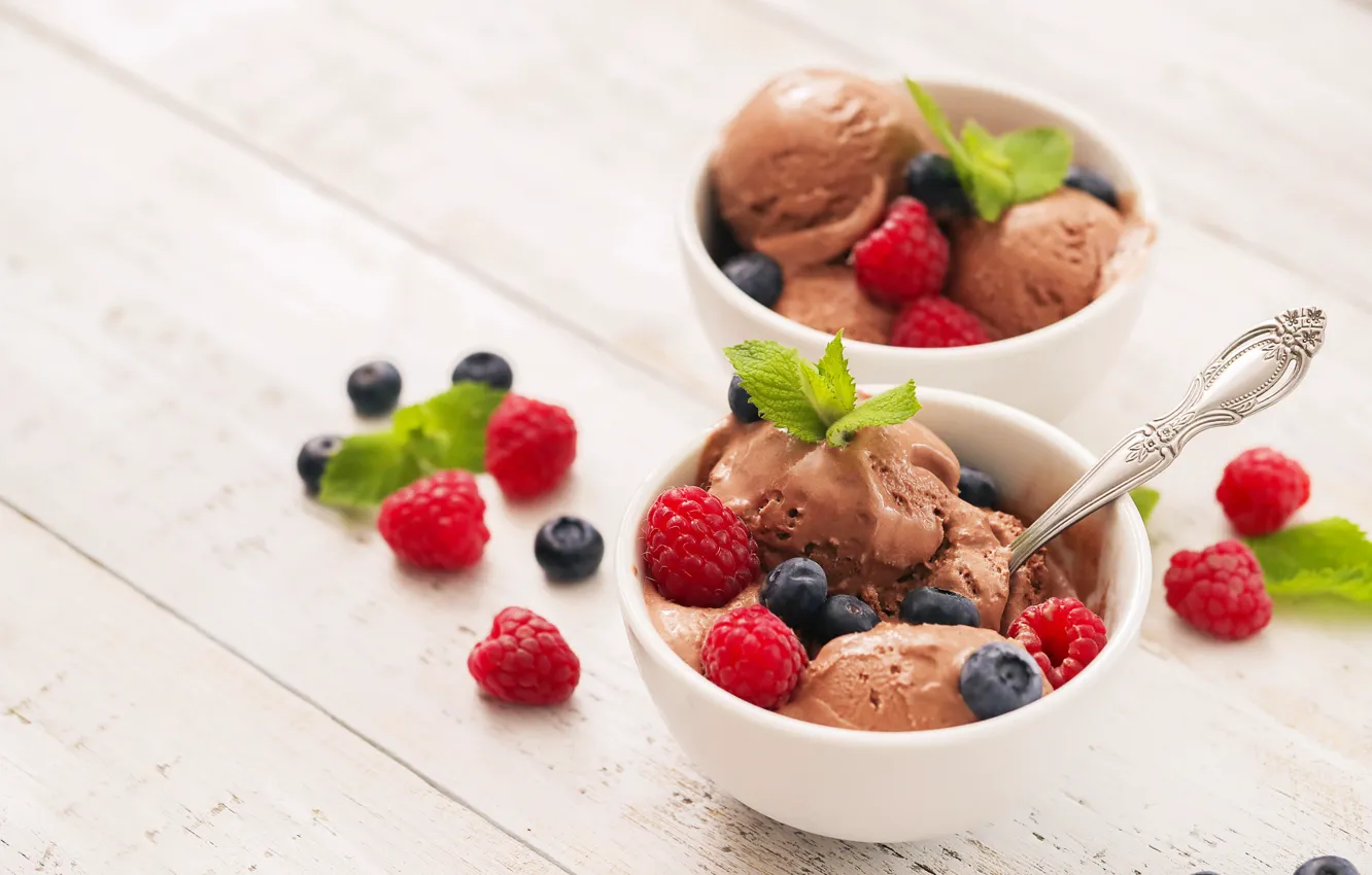 Photo wallpaper berries, raspberry, ice cream, dessert, cocoa, ice cream