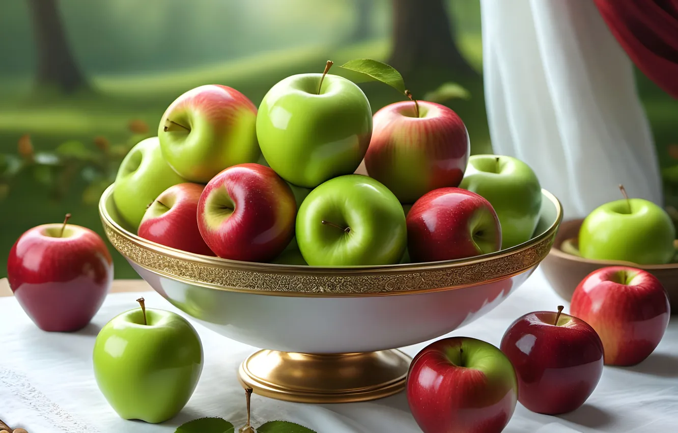 Photo wallpaper red, nature, green, table, apples, curtains, vase, fruit