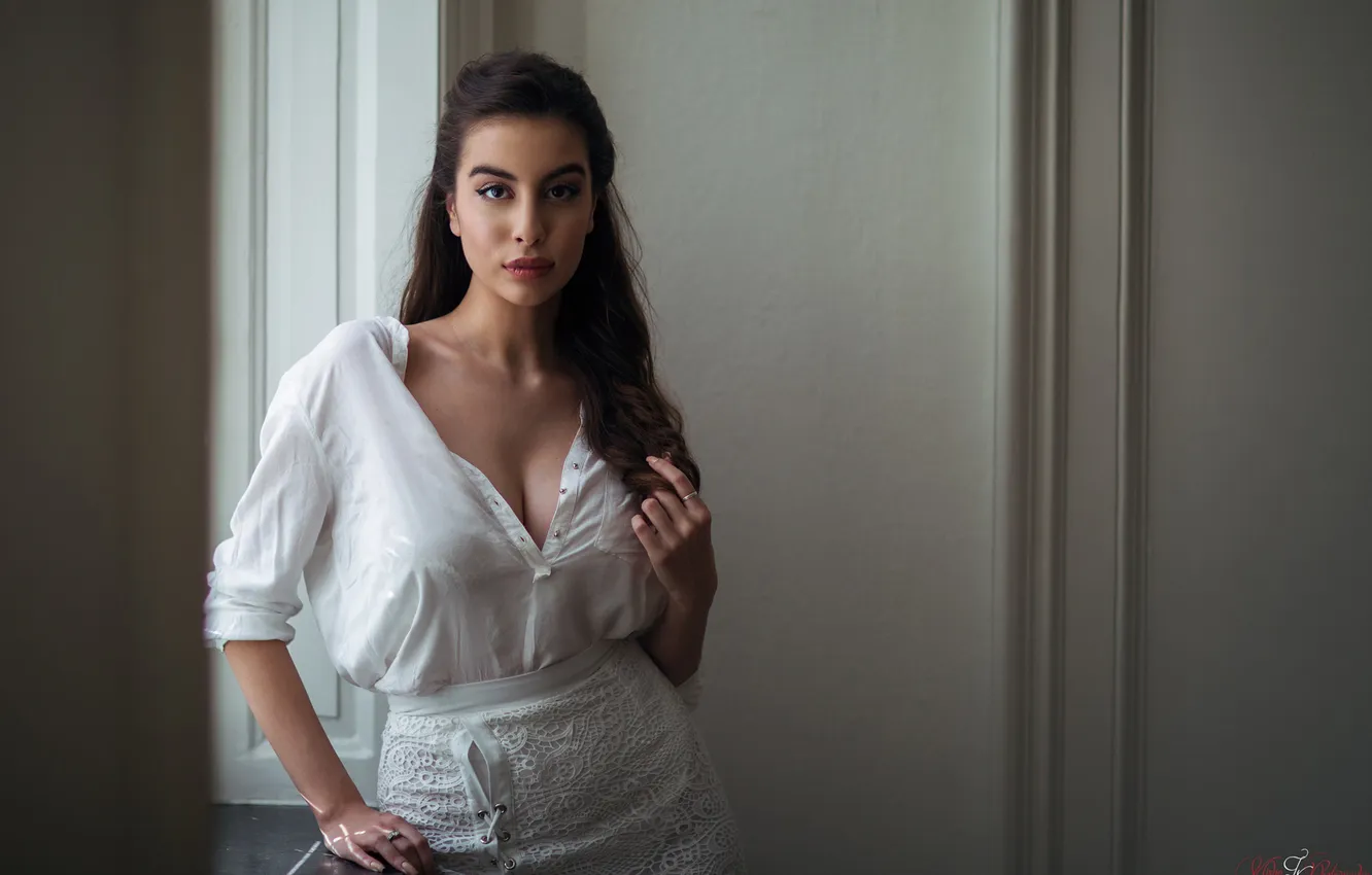 Photo wallpaper look, sexy, pose, wall, model, skirt, portrait, makeup