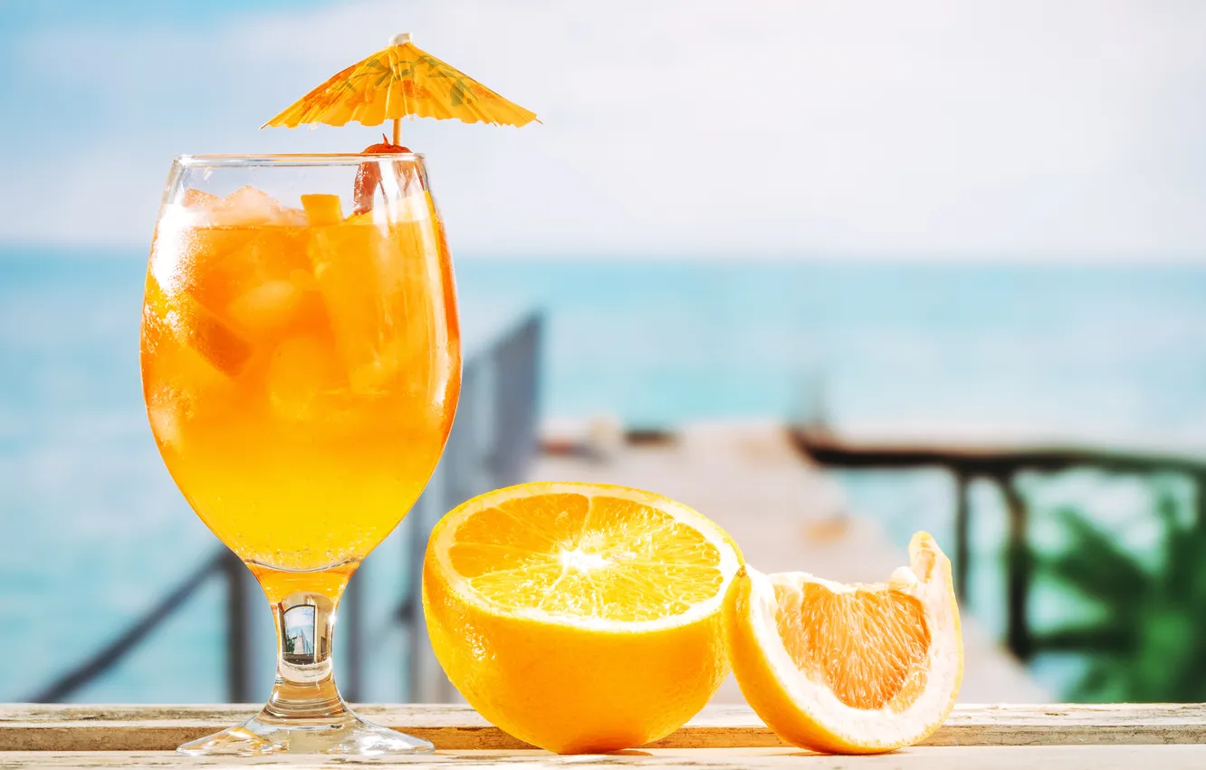 Photo wallpaper sea, beach, summer, the sky, orange, vacation, cocktail, juice