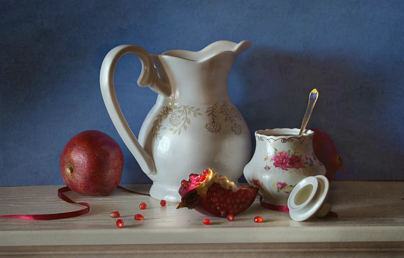 Photo wallpaper fruit, spoon, tape, dishes, still life, garnet, sugar bowl, the milkman