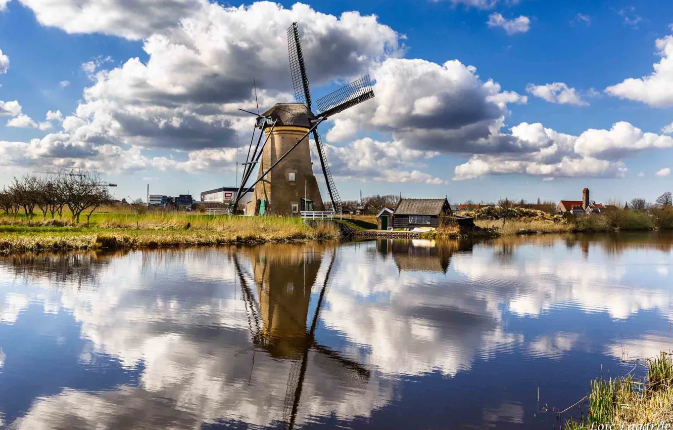 Photo wallpaper the sky, clouds, reflection, home, mirror, mill, Netherlands, Molenwaard
