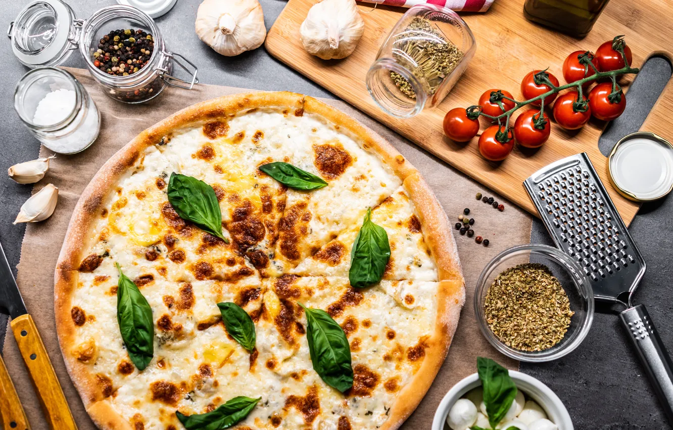 Photo wallpaper cheese, pizza, tomatoes, spices, Victor Hanachek, Basil