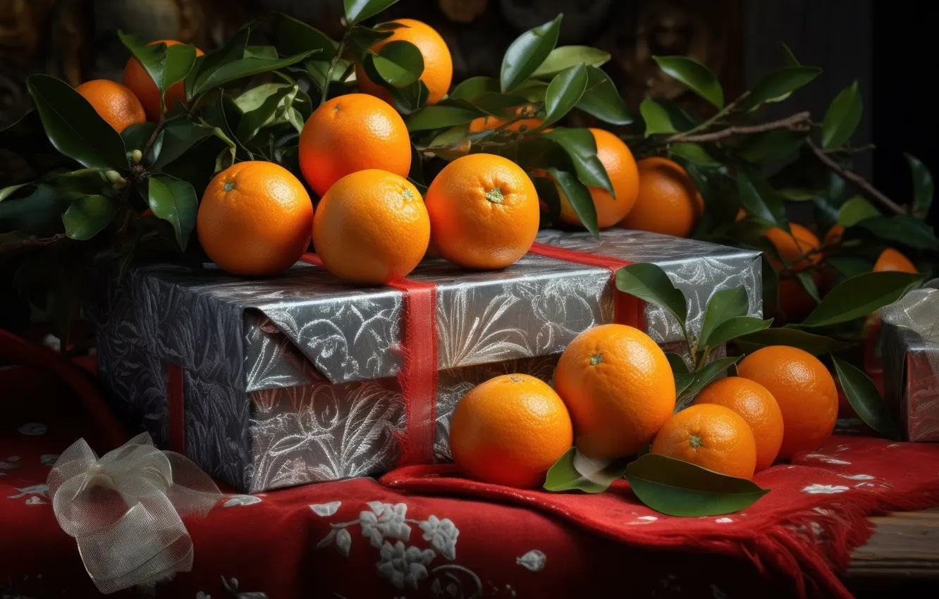 Photo wallpaper leaves, branches, table, box, gift, oranges, Christmas, New year