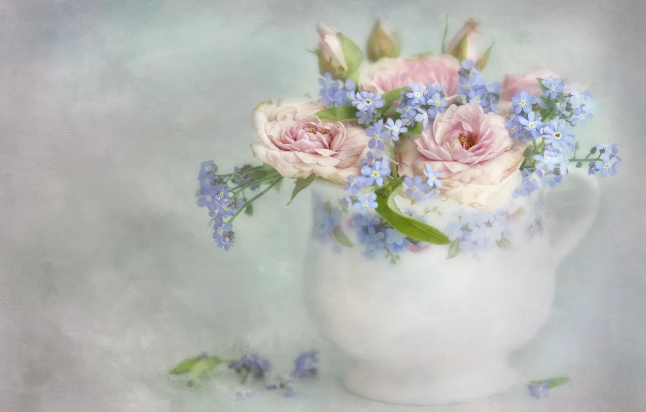 Photo wallpaper flowers, background, blue, roses, bouquet, art, Cup, pink
