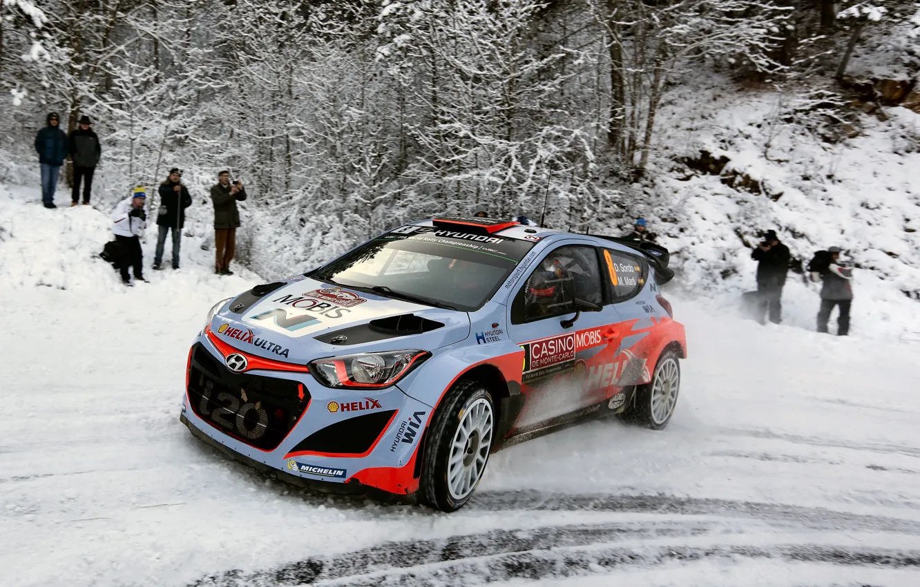 Photo wallpaper Turn, Hyundai, WRC, Snow, Rally, Monte Carlo, i20, 2015