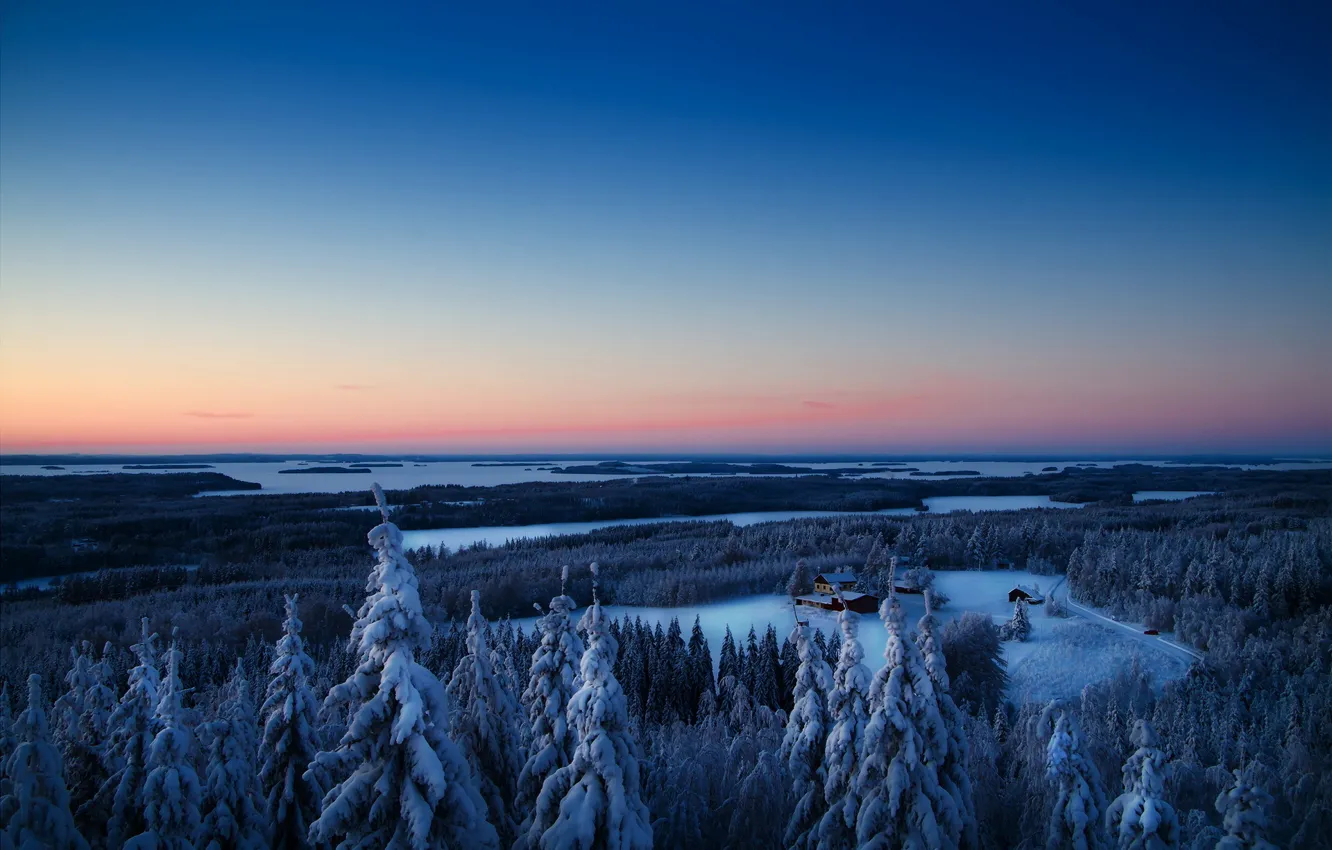 Photo wallpaper winter, landscape, sunset