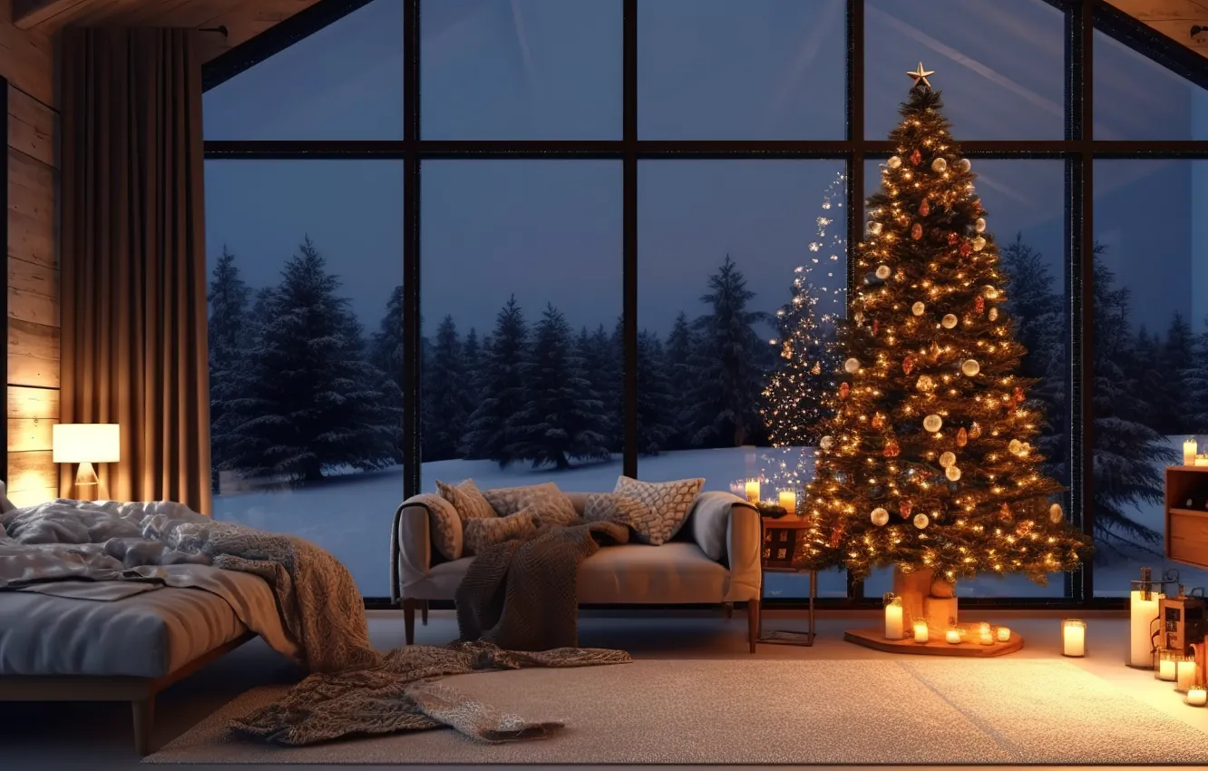Photo wallpaper winter, decoration, room, gift, balls, tree, new year, interior