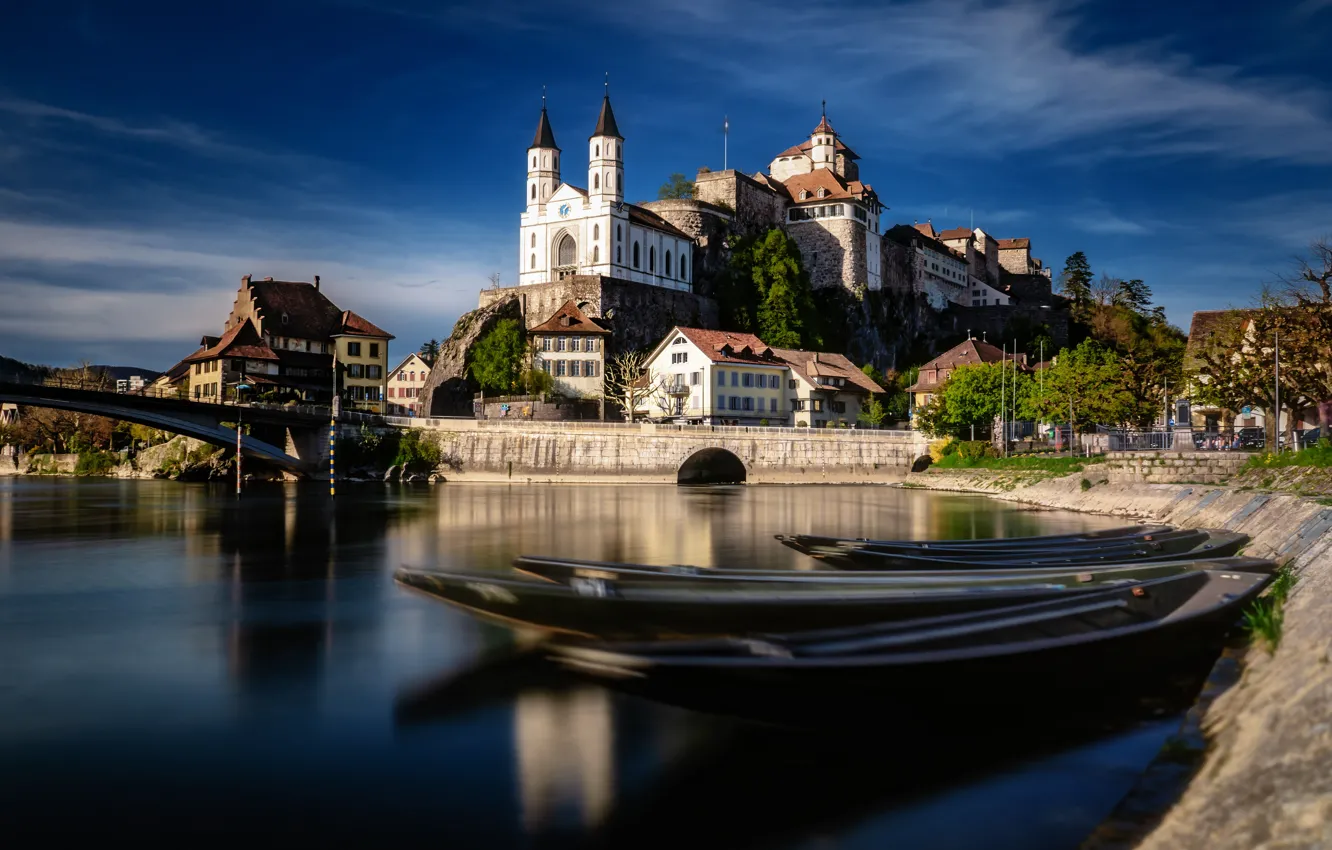 Photo wallpaper river, castle, building, home, boats, Switzerland, Church, bridges