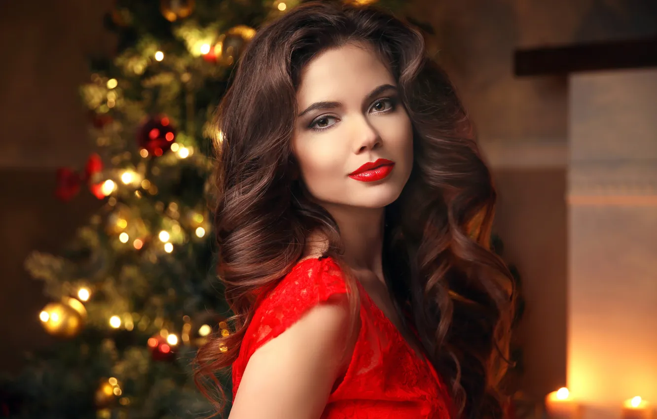 Photo wallpaper Christmas, dress, beautiful, background, evening, beauty, face, cute