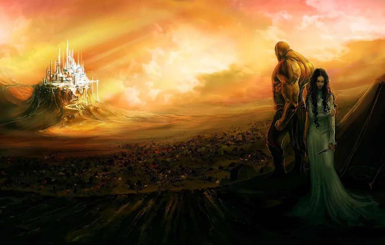 Photo wallpaper girl, castle, dress, art, dagger, guy, settlement, anndr