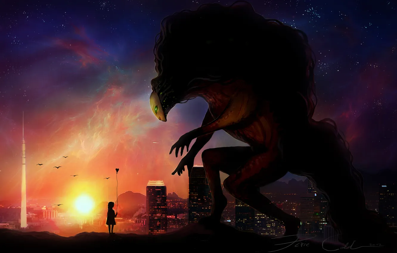 Photo wallpaper balls, sunset, the city, monster, the evening, art, girl, hearts