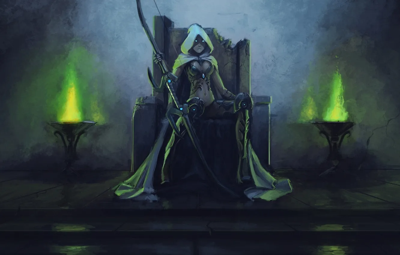 Photo wallpaper bow, art, hood, World of Warcraft, elf, the throne, burning eyes, Sylvanas