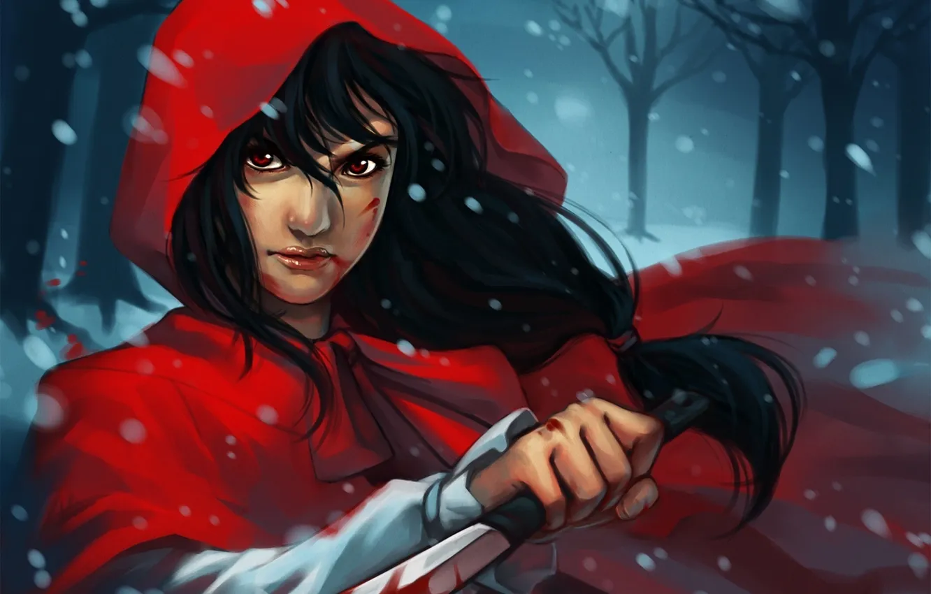 Photo wallpaper winter, forest, blood, little red riding hood, knife