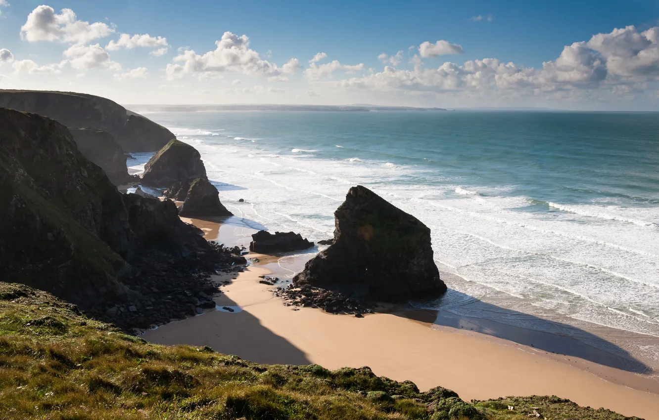 Photo wallpaper sea, clouds, surf, rock. shore