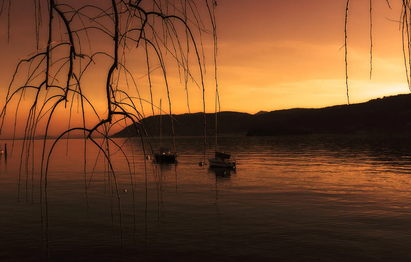 Photo wallpaper the sky, sunset, mountains, lake, boat, branch