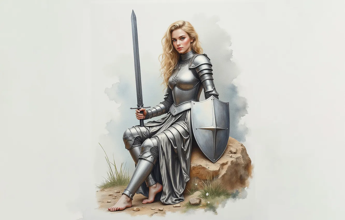 Photo wallpaper grass, look, girl, stones, sword, armor, blonde, shield