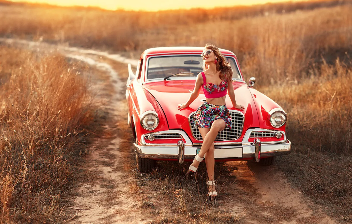 Photo wallpaper girl, smile, glasses, beautiful girl, red car
