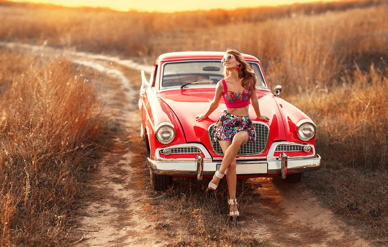 Photo wallpaper smile, Girls, glasses, beautiful girl, red car